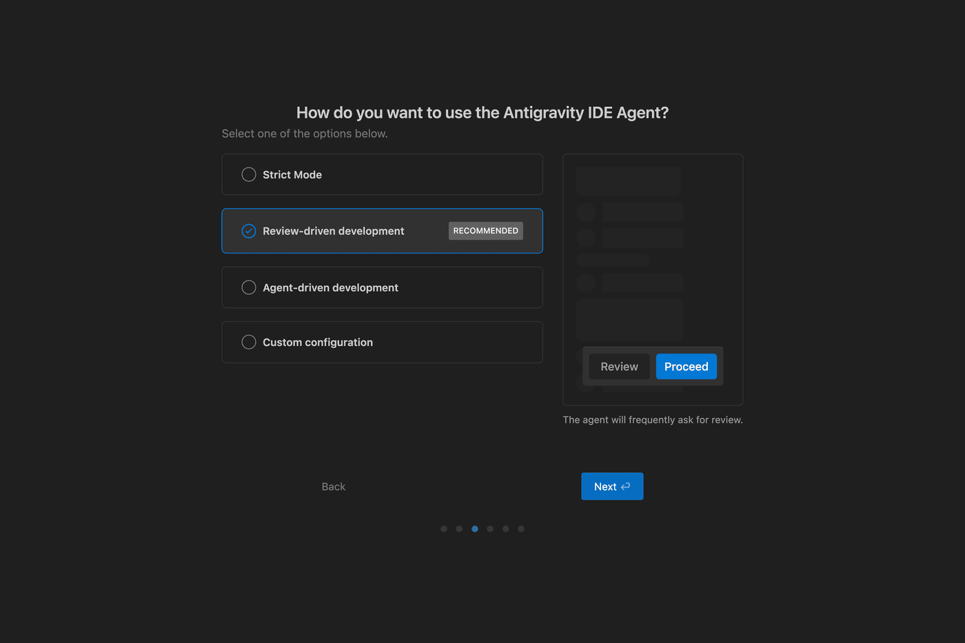 AIの使い方を選ぶ画面。Strict Mode、Review-driven development（RECOMMENDED）、Agent-driven development、Custom configuration
