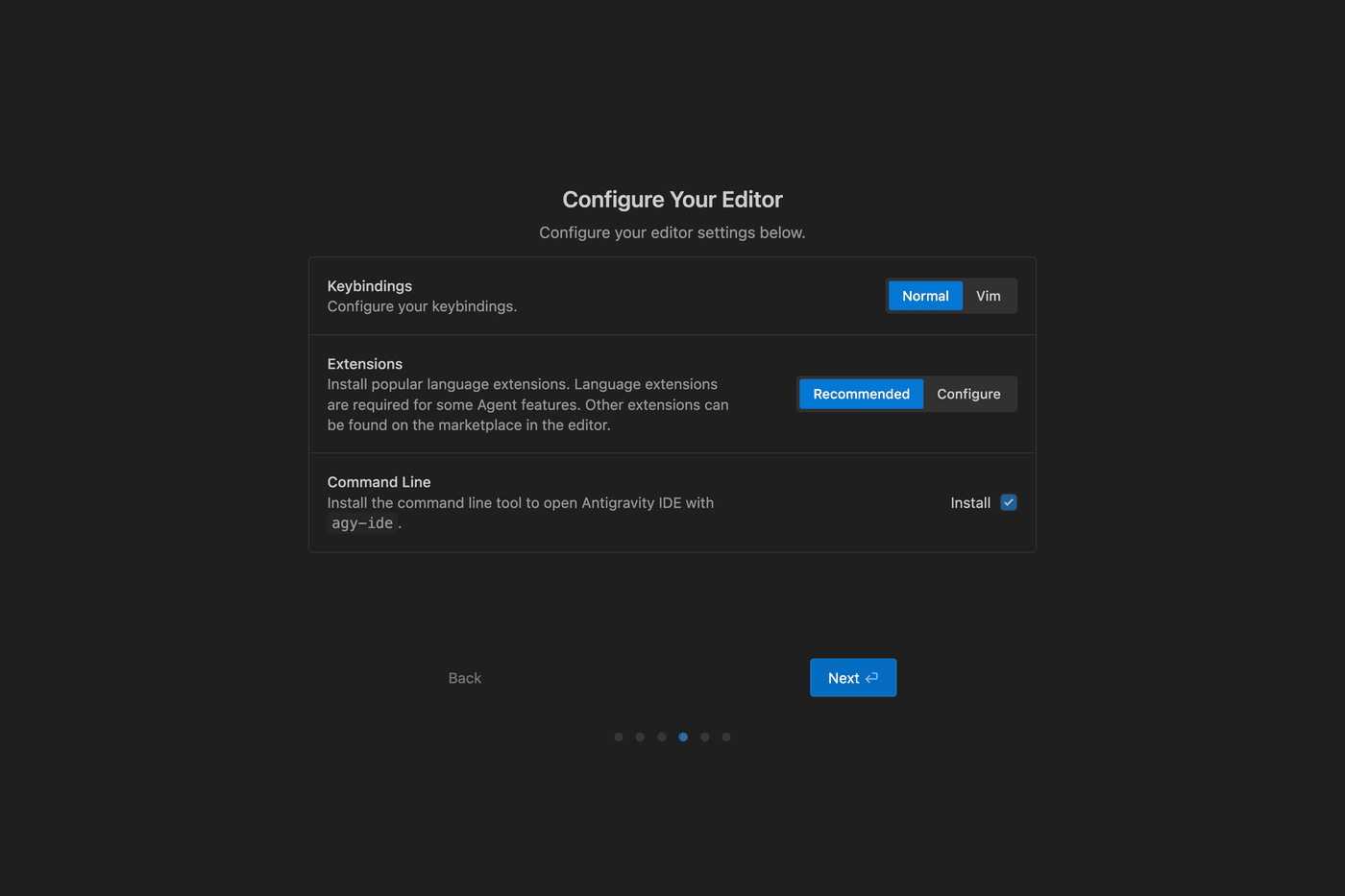 Configure Your Editor の画面。Keybindings は Normal と Vim、Extensions は Recommended と Configure、Command Line は Install のチェック