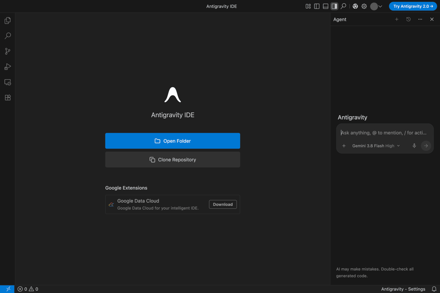 Antigravity IDE のスタート画面。中央に Open Folder と Clone Repository、右に Agent の入力欄