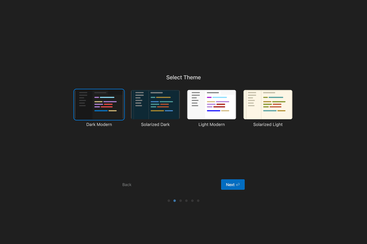 Select Theme の画面。Dark Modern、Solarized Dark、Light Modern、Solarized Light の4つ